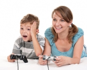 Happy family playing a video game